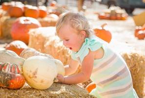 aanbiddelijk baby meisje hebben pret in een rustiek boerderij instelling Bij de pompoen lapje. foto