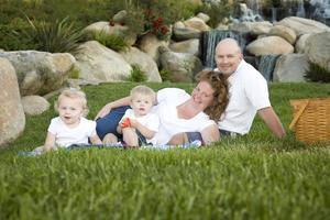 gelukkig jong familie met Tweelingen portret in park foto