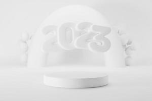 3d weergave. wit tekst aantal 2023 en wit ballonnen, regenboog vorm samenstelling Aan wit achtergrond. ontwerp voor vitrine uw Product. foto