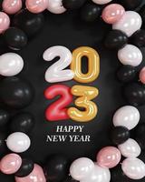 3d weergave. goud tekst aantal 2023 en wit ballonnen samenstelling Aan zwart achtergrond. ontwerp voor gelukkig nieuw jaar achtergrond. foto