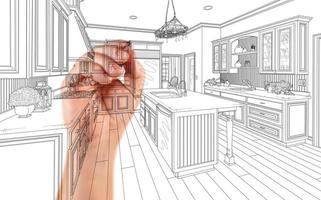 hand- van architect tekening detail van Op maat keuken ontwerp foto