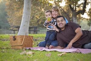 gelukkig gemengd ras etnisch familie hebben een picknick in de park foto