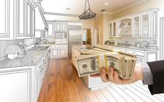 hand- overhandigen contant geld over- keuken ontwerp tekening en foto combinatie