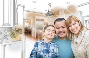 jong gemengd ras familie over- keuken tekening met foto combinatie