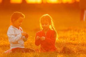 aanbiddelijk weinig meisjes hebben pret spelen buitenshuis Aan zomer dag foto