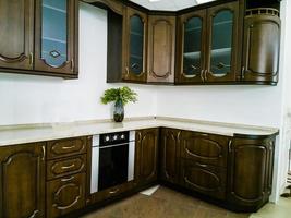 hedendaags modern ten volle gemonteerd keuken in bruin met top specificaties huishoudelijke apparaten en graniet werkbladen foto