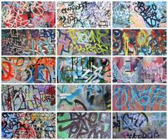 een reeks van veel klein fragmenten van getagd muren. graffiti vandalisme abstract achtergrond collage foto