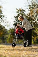 grootmoeder en haar autistisch groots dochter genieten van vakantie samen buitenshuis, aan het liegen Aan groen gras Aan deken en glimlachen naar camera. vrije tijd familie levensstijl, geluk en momenten. foto