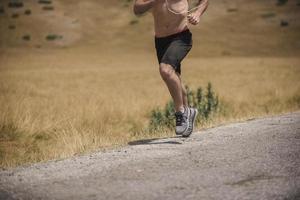 sportief Mens loper rennen Aan berg plateau in zomer foto