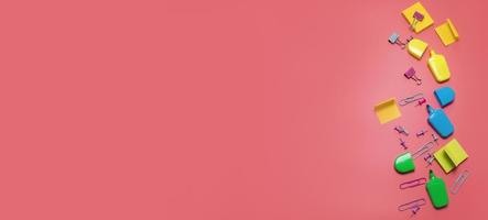 schrijfbehoeften items Aan de roze achtergrond met vrij ruimte voor tekst. creatief, kleurrijk achtergrond met school of kantoor benodigdheden. flatlay met kopiëren ruimte, top visie. markeringen, papier clips, kleverig notities. foto