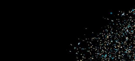 gouden en blauw confetti geïsoleerd Aan zwart achtergrond. glimmend deeltjes. partij, vrolijk kerstmis, gelukkig nieuw jaar, verjaardag decoratie. viering achtergrond. hoek. kopiëren ruimte. 3d veroorzaken. foto