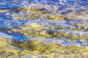 turkoois groen blauw water met stenen rotsen koralen strand Mexico. foto