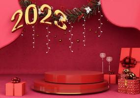 gelukkig nieuw jaar 2023 tekst typografie ontwerp met podium foto