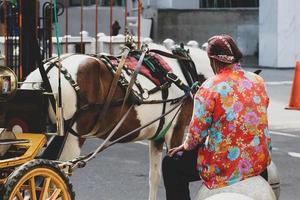 yogakarta, Indonesië Aan oktober 2022. achterzijde visie van een wagon of andong bestuurder Aan jalan malioboro, yogakarta. foto