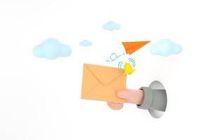 hand- houden een envelop en klok van Bezig met verzenden kennisgeving icoon met papier vliegtuig. foto