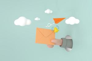 hand- houden een envelop en klok van Bezig met verzenden kennisgeving icoon met papier vliegtuig. foto