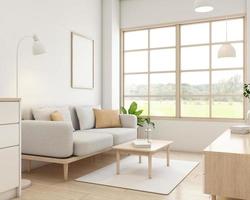 japans stijl leven kamer versierd met minimalistische sofa en stoel, wit muur en afbeelding kader. 3d renderen foto