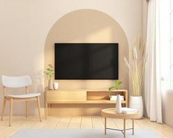 minimalistische leven kamer versierd met hout TV kabinet en fauteuil. 3d renderen foto