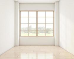 japans stijl leeg kamer versierd met wit muur en hout vloer. 3d renderen foto