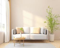 minimalistische stijl leven kamer versierd met sofa en kant tafel.3d renderen foto