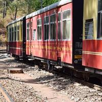 speelgoedtrein die zich op berghellingen beweegt, prachtig uitzicht, een zijberg, een zijvallei die zich op een spoorlijn naar de heuvel beweegt, tussen groen natuurlijk bos. speelgoedtrein van kalka naar shimla in india, indiase trein foto