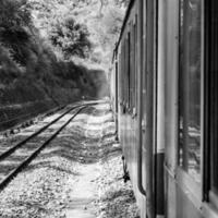 speelgoed- trein in beweging Aan berg helling, mooi visie, een kant berg, een kant vallei in beweging Aan spoorweg naar de heuvel, tussen groen natuurlijk bos.speelgoed trein van kalka naar shimla in india-zwart en wit foto