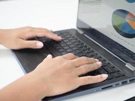 dichtbij omhoog hand- gebruik makend van laptop grafieken grafieken bedrijf Bij scherm Aan de tafel foto