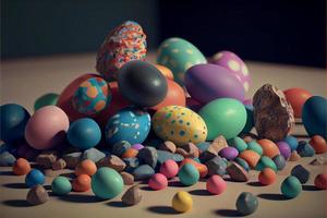 Pasen, april 9, christen dag naar herdenken de opstanding van Jezus, een symbool van hoop, wedergeboorte en vergiffenis, de Pasen ei jacht siert eieren met patronen en helder kleuren. foto