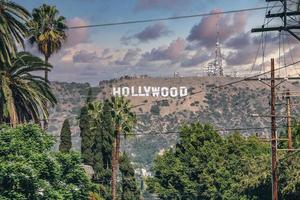 Hollywood teken Aan monteren lij gezien door elektriciteit pool en bomen Aan zonnig dag foto