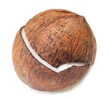 single gebarsten rijp kokosnoot fruit geïsoleerd Aan wit achtergrond met knipsel pad. de geschild kokosnoot fruit gehalveerd naar bereiden voor voedsel ingrediënt net zo kokosnoot melk foto