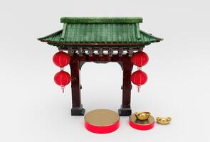 de Ingang Chinese boog poort decor met hangende lantaarns en podium 3d illustratie. foto