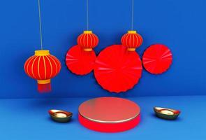 rood Chinese knoop met kwast 3d illustratie podium Aziatisch festival element Aan wit achtergrond. foto