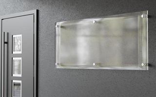 realistisch 3d renderen leeg glas bord acryl muur bewegwijzering foto