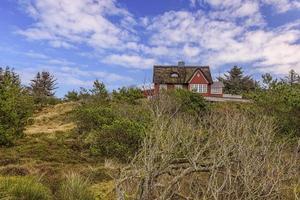 beeld van rieten huis in de duinen van denemarken noorden zee kust gedurende de dag foto