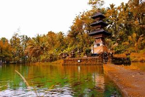 visie van een tempel in de midden- van een meer in Bali foto
