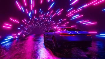 een sport- auto haast door een neon tunnel. 3d renderen illustratie. foto
