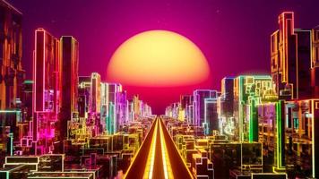 vliegend over- de neon stad Bij zonsondergang. 3d renderen illustratie foto