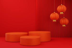 rood stappen voetstuk podium met Chinese lantaarns voor Chinese nieuw jaar vakantie. minimaal abstract achtergrond voor Product presentatie. 3d illustratie foto