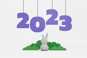 nieuw jaar 2023 tekst hangen. konijn zitten onder een struik Aan pastel achtergrond. 3d illustratie. nieuw jaar viering concept foto