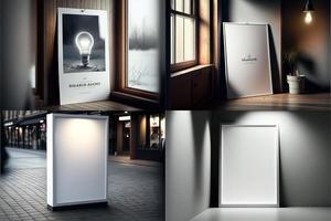 blanco plaats reclame scherm. poster model. banier model. aanplakbord model. licht doos vitrine model. foto