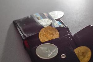 Gesloten portemonnee met dollar rekeningen en bitcoins Aan de houten tafel. bedrijf concept. foto