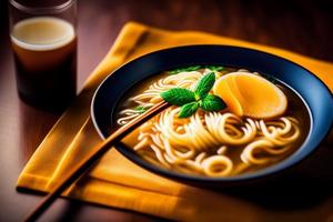 heerlijk noedels. snel voedsel maaltijd met smakelijk pasta en eetstokjes. foto