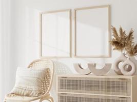 frame en poster mockup in boho-stijl interieur. 3D-rendering, 3d illustratie foto