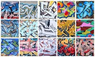 een reeks van veel klein fragmenten van graffiti tekeningen. straat kunst abstract achtergrond collage foto