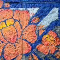 fragment van graffiti tekeningen. de oud muur versierd met verf vlekken in de stijl van straat kunst cultuur. oranje bloem foto