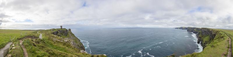 panorama afbeelding van de kliffen van moeder Bij de west kust van Ierland gedurende dag foto