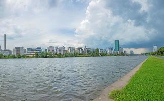 visie van de Frankfurt horizon van de banken van de hoofd rivier- gedurende een naderen onweersbui foto