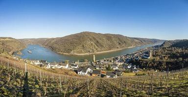 panoramisch visie van historisch stad- oberwesel Aan de Rijn rivier- met wijngaarden en binnenschepen onder blauw lucht en zonneschijn foto