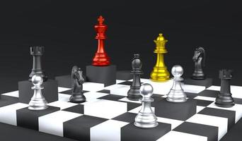 3d renderen schaak stuk Aan verschillend niveau blok Aan schaakbord Aan zwart achtergrond. 3d illustratie verschillend standpunt van persoon concept foto