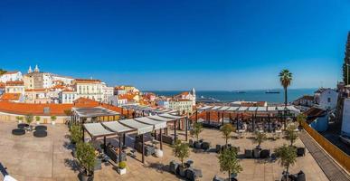 afbeelding over- daken van oud stad in Lisboa met kerk van sao vicente van voor een, Igreja de de kerstman engracia en reis schip terminal in zomer foto